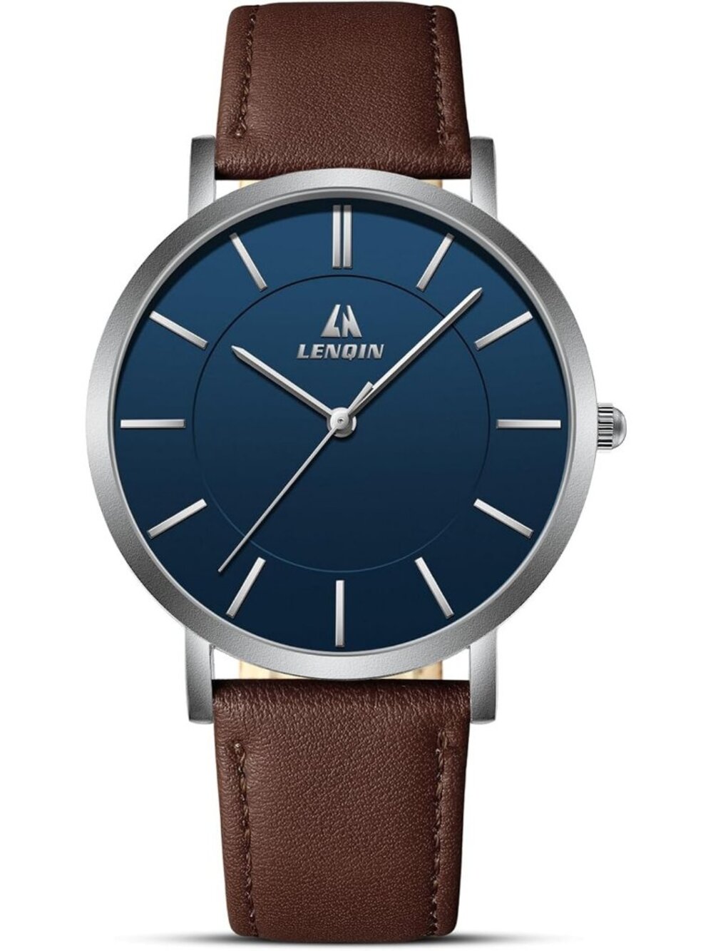 LN LENQIN Men's Dark Brown Silver Blue Analog Quartz Leather Strap Wrist Watch